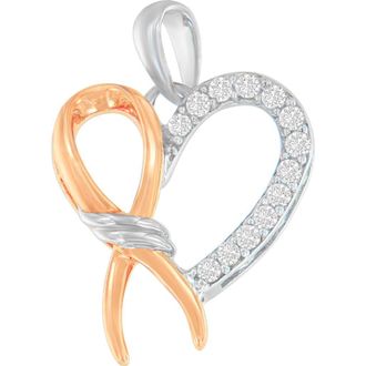 House of Brilliance Two-Toned Silver 1/5 cttw Round Cut Diamond Ribbon Heart Accent Pendant Necklace in White at Nordstrom
