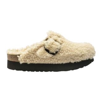 Birkenstock Mules, female, White, Size: 7 US Boston Big Buckle Platform Fur Narrow Fit
