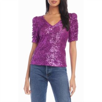 Fifteen Twenty Puff Sleeve Sequin Top In Magenta
