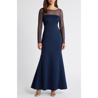 Eliza J Rosette Mesh Trim Long Sleeve Gown in Navy at Nordstrom, Size 14