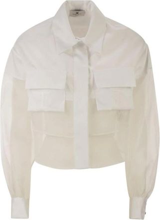 Elisabetta Franchi Overhemden, Dames, Beige, S, Katoen, Sheer Overshirt met Utility Zakken