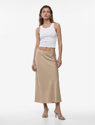 Koton Elastic Waist Satin Midi Skirt in Beige at Nordstrom, Size 6