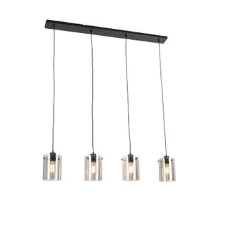 QAZQA Dise&ntilde;o L&aacute;mpara Colgante Inteligente Negra Con Cristal Ahumado Incl. 4 Wifi St64 - Dome Vidrio /acero Alargada Adecuado Para Led Max. 4 X 7 Watt - Qazq
