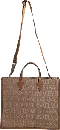 Versace Brown Top Handle Jacquard Leather Logo Crossbody Tote Womens Bag