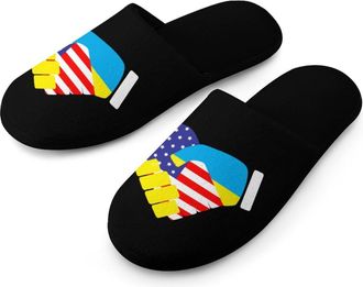 Generic Handshake U.S.A And Ukraine Flag Mens Flannel Slipper Soft Non Slip House Shoes Comfy Winter Warm Indoor Outdoor Slippers