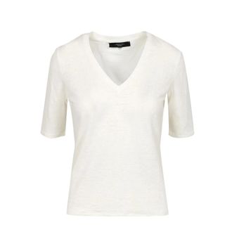 Max Mara T-Shirts, female, White, Size: M Linen Jersey V-Neck Shirt