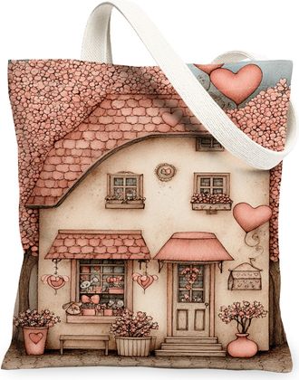 Generic Romantic Vintage House Canvas Tote Bag, Cute Floral Heart Pattern Reusable Shopping Bags, Lightweight Washable Shoulder Str, Peach, 13x15 Inch