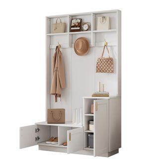 STILVORA Mueble De Entrada Con Banco Y Zapatero, 3 Ganchos, Estante Ajustable, Blanco, En Aglomerado, 120&times;40&times;200 Cm