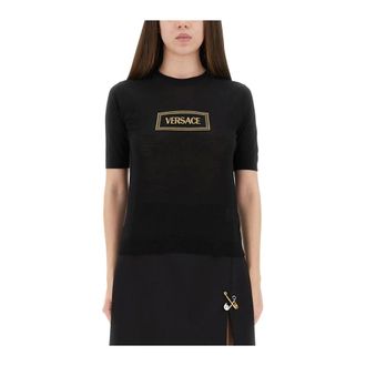 Versace Truien & Vesten, Dames, Zwart, M, Wol, Fijngebreide top met korte mouwen