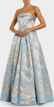 Mac Duggal Strapless Pleated Floral Brocade Gown