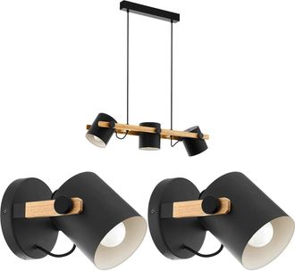 Loops Ceiling Pendant Light & 2x Matching Wall Lights Black & Wood Adjustable Shade