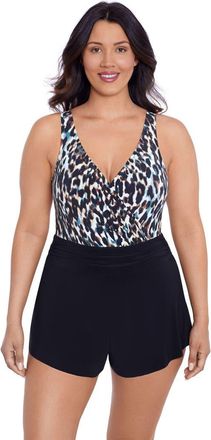 Trimshaper Rebecca Surplice Swim Romper with Pockets in Leopard In The Mist at Nordstrom, Size 12