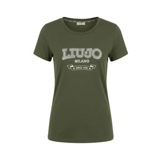 Liu Jo Cotton T-Shirt with Embellished Logo - female - Liu Jo - T-Shirts - Green - 2XS - Tops