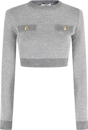 Elisabetta Franchi Cropped Grey Melange Sequin Sweater With Jewel Buttons