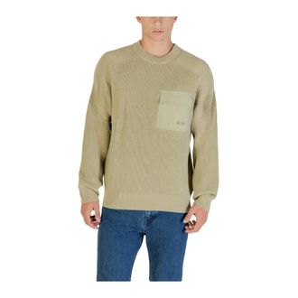 HUGO BOSS Ronde hals gebreide trui met zak - Heren - Truien - Beige - Maat: 2XL Katoen