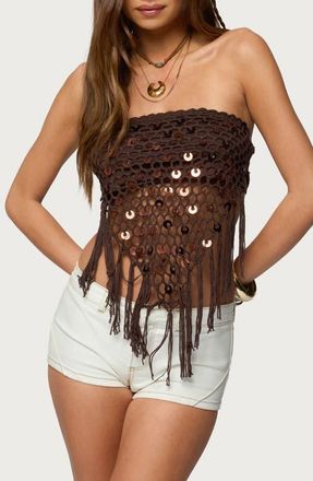 Edikted Handkerchief Open Back Crochet Top in Brown at Nordstrom, Size X-Small