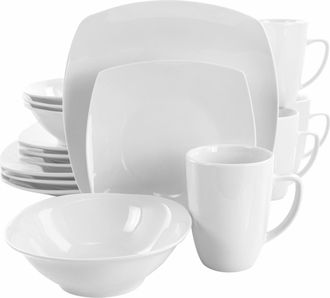 Elama Bishop 16 Piece Soft Square Porcelain Dinnerware Set in White
