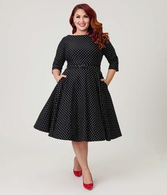 Unique Vintage Plus Size Devon Swing Dress in Black & White Polka Dot at Nordstrom, Size 4X