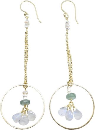 A Blonde and Her Bag Pearl Accented Gold Chain Dangle Earrings with Green Strawberry Quartz and Moonstone Hoop Drop