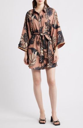 Ciebon Gaia Leaf Print Mini Shirtdress in Taupe at Nordstrom, Size X-Small