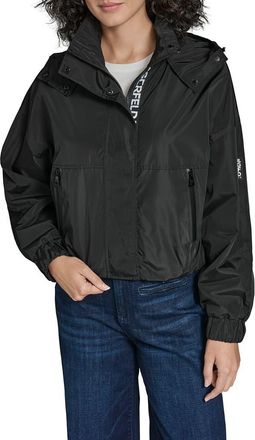 Karl Lagerfeld Short Hooded Logo Rain Jacket in Black at Nordstrom Rack, Size X-Small