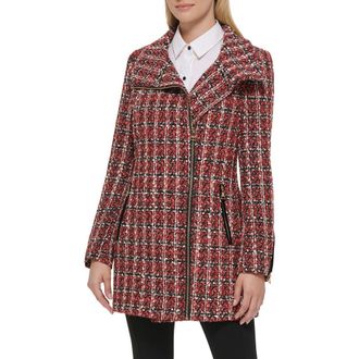 Karl Lagerfeld Plaid Sequin Embellished Zip Coat in Red Multi at Nordstrom Rack, Size X-Large