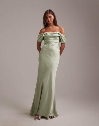Asos Vestito lungo da cerimonia in raso verde salvia con scollo alla Bardot