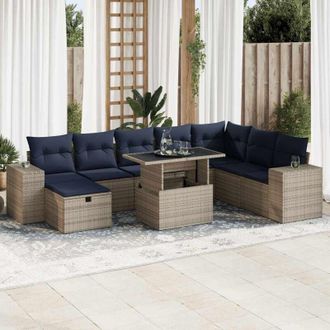 vidaXL Juego Sof&aacute; Jard&iacute;n 9 Piezas Con Cojines Marr&oacute;n Poli Rat&aacute;n Acacia Vidaxl