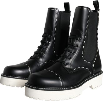 Dolce & Gabbana Womens Black Leather Combat Mid Calf Boots Shoes And White
