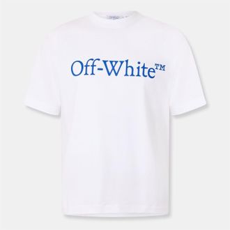 Off-white Mens Off White Striped Regular Fit Lettering T-Shirt in White-True Blue - Size X-Large