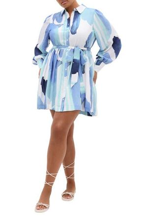 City Chic Ezra Tie Waist Long Sleeve Minidress in Tranquil at Nordstrom, Size Xxxs