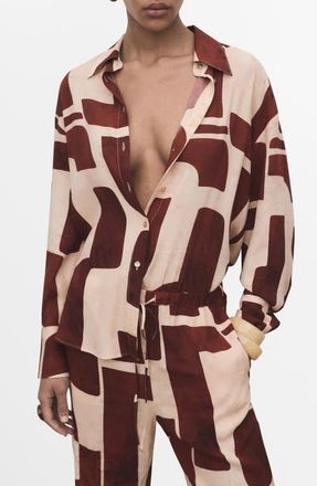 Mango Geo Print Button-Up Shirt in Ecru at Nordstrom, Size 10