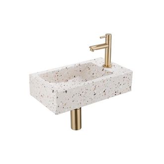 Saniclass Fuente Fonteinset - 40x22x10cm - kraangat rechts - fonteinkraan geborsteld messing PVD - afvoerplug - verlaagd sifon - mat beige