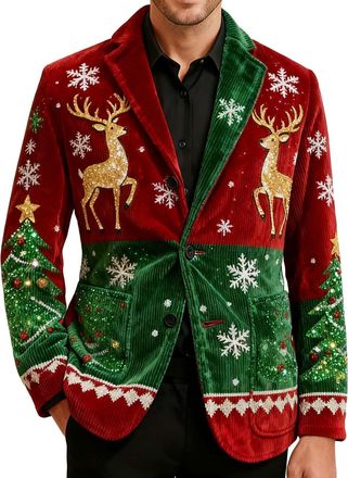 Generic Mens Christmas Blazer Corduroy Jacket Ugly Christmas Blazer Jackets Xmas Festive Costume Slim Fit Single-Breasted Suit Jacket Novelty Xmas Tuxedo Holi