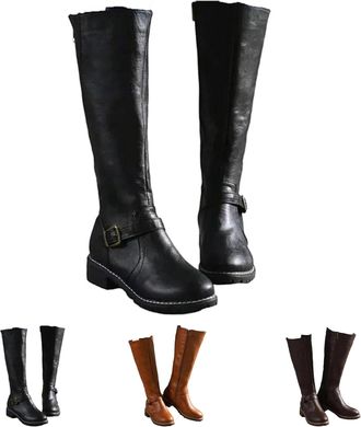 Generic Womens Winter Long Boots, Low Heel Casual Round Toe Knee High Long Boots, Western Buckle Shoes with Side Zipper for Daily Wear (Black,8.5)