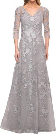 La Femme Sheer Lace Embroidered V-Neck Gown In Silver