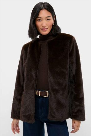 Line & Dot Crewneck Faux Fur Jacket In Dark Brown