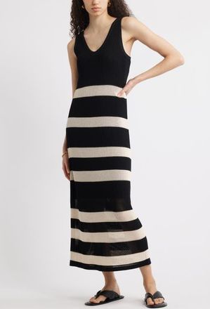 Nordstrom Sleeveless Open Stitch Maxi Sweater Dress in Black- Ivory Stripe at Nordstrom, Size X-Large