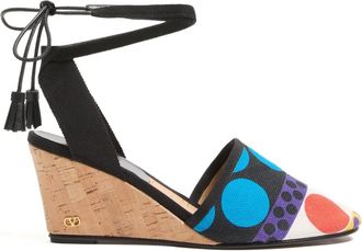 Valentino Garavani 75mm La Cruisette wedge-heeled sandals - women - Cotton/Calf Leather/Viscose/Cotton - 35.5 - Black