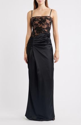 House of CB Eliette Lace & Satin Column Gown in Black at Nordstrom, Size X-Small