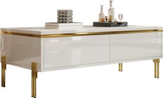 STILVORA Mesa De Centro Con 2 Cajones A Doble Cara, Blanco Brillo Y Detalles Dorados, Estilo Moderno, En Tablero De Part&iacute;culas, Blanco