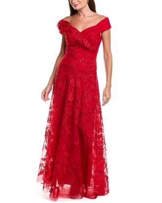 Teri Jon by Rickie Freeman Lace Sweetheart Bodice Off-Shoulder Gown