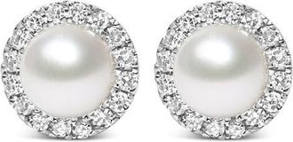 House of Brilliance 10K White Gold Pearl & 1/7 Cttw Diamond Halo Stud Earring at Nordstrom