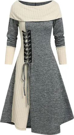 Generic Colorblock Lace Up Foldover Dress Two Tone Knitted Fashion Daily A-Line Boat Neck Long Sleeves Midi Robe for Women Fall Spring-Gray-M