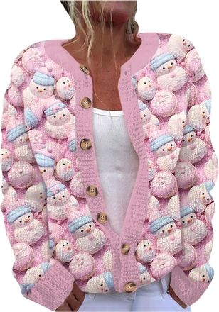 Generic Womens Christmas Cardigan Long Sleeve Button Top Chunky Cable Knit Reindeer Printed Cardigans Lightweight Knitwear Sweater Women Casual Christmas Card