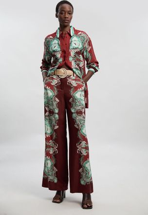 Karen Millen Womens Mirrored Viscose Linen Print Woven Wide Leg Trouser - Rust - Size 10 UK