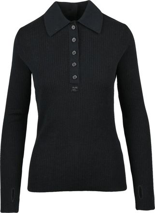Courr&egrave;ges Black Knit Polo Shirt with Ribbed Texture and Fitted Silhouette