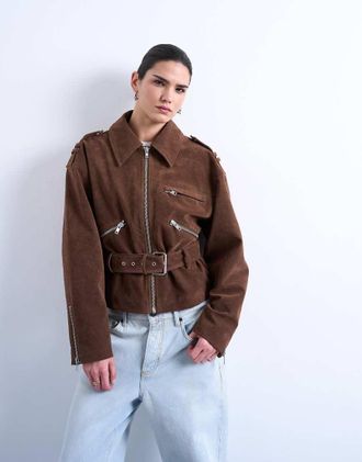 Topshop Giacca biker in camoscio sintetico marrone slavato con cintura bassa