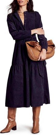 Boden Cecily Belted Long Sleeve Cotton Corduroy Midi Dress in Navy at Nordstrom, Size 14