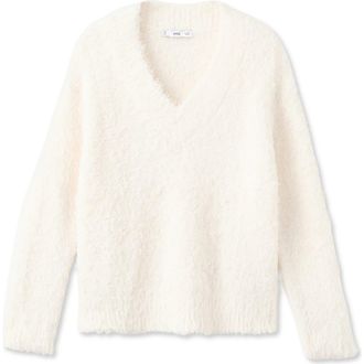 Mango Faux Fur V-Neck Sweater in Ecru at Nordstrom Rack, Size Medium